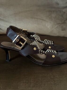 Vaneli Dark Brown Leather Strappy Heels with Gold Hardware
